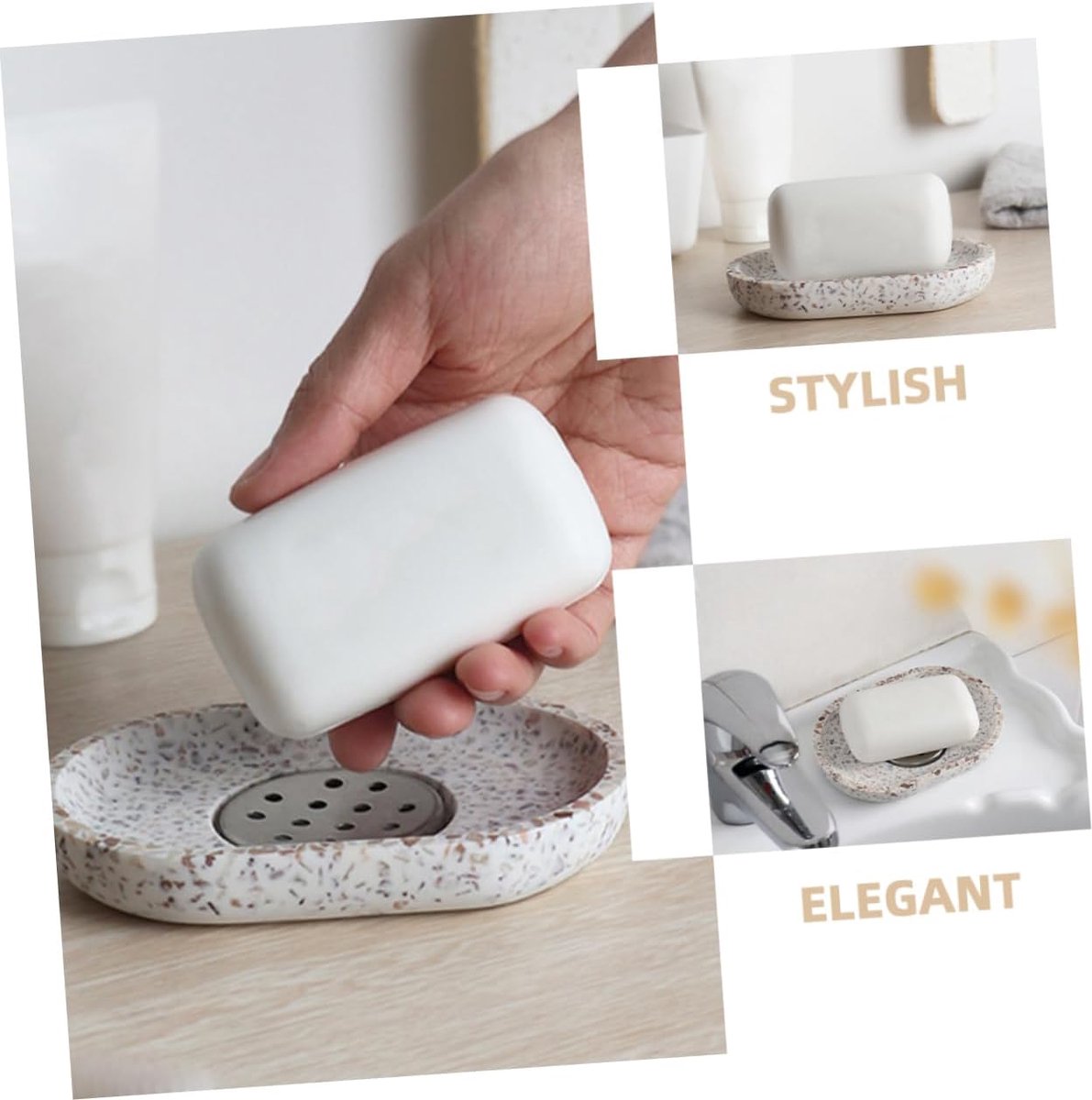 Terrazzo soap dish with stainless steel drainer, beige, natural stone, beige for bathroom, sink and kitchen - Drainage design for bathroom sinks and countertops - Image 5