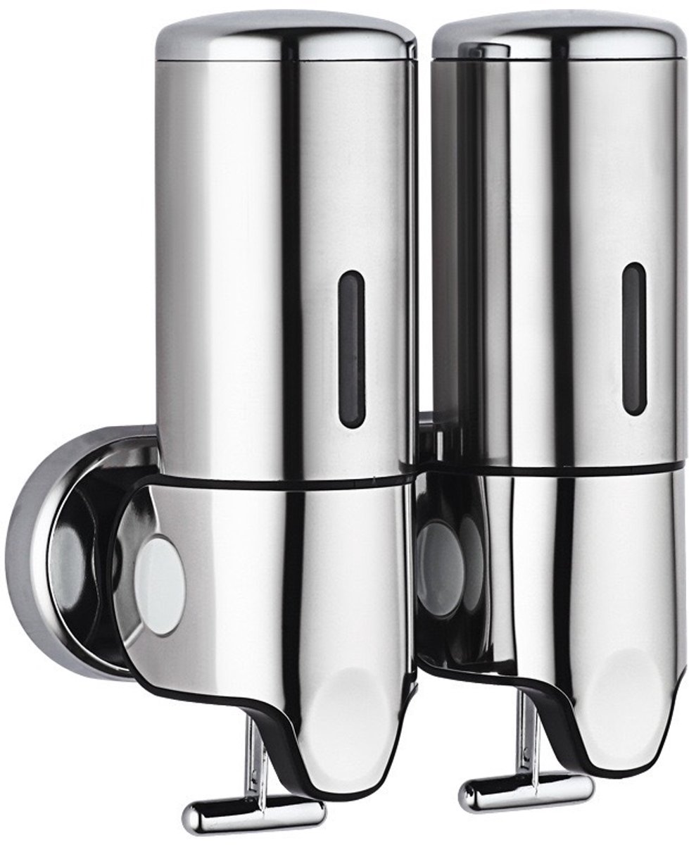 2-in-1 Soap Dispenser - Liquid Dispenser - 2 x 500 ml - 2 Reservoirs - Wall Mounted - Kitchen - Bathroom - Shower - Stainless Steel - 25 x 18.5 x 9 cm - Silver - Hanging Soap Dispenser - Image 1