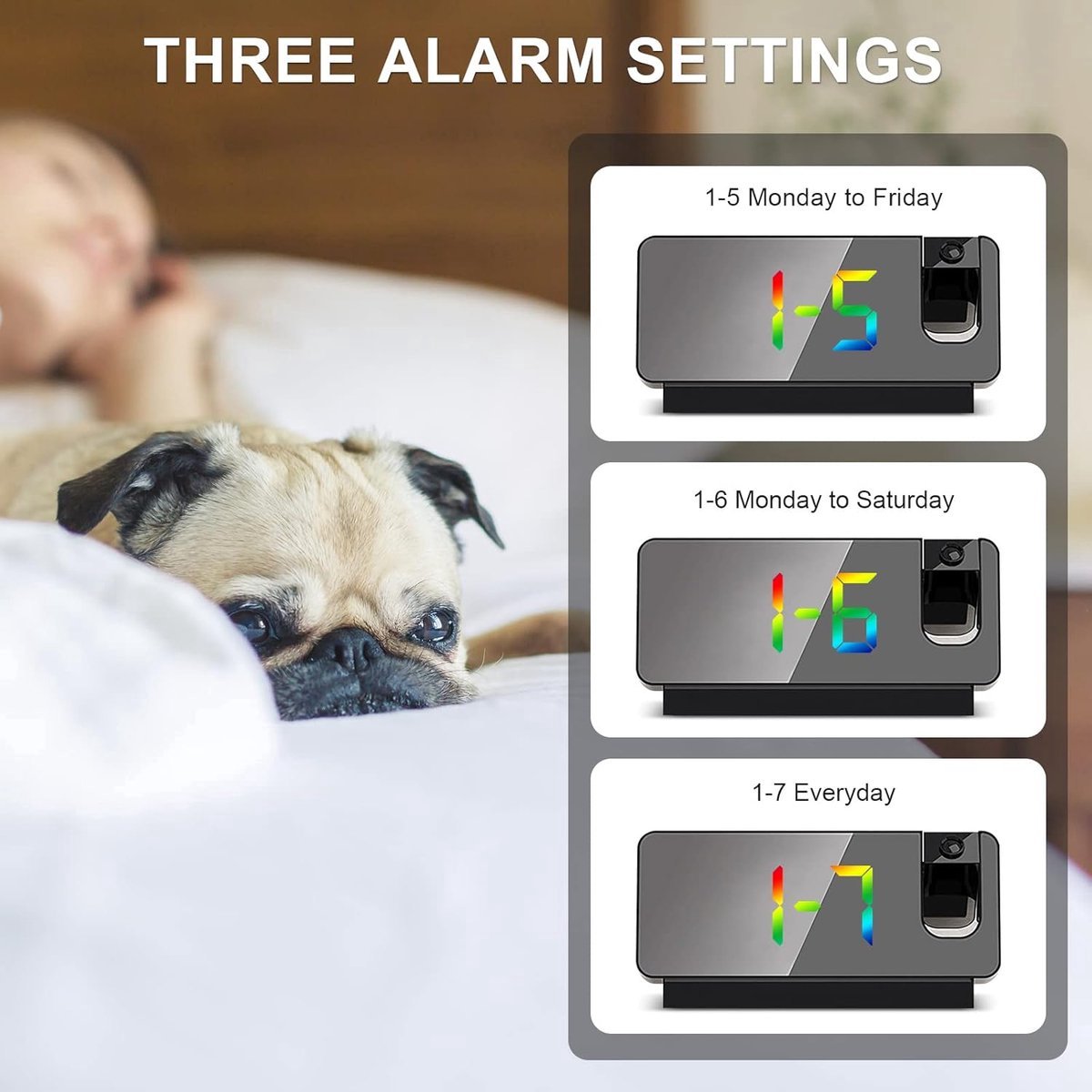 Wekker - Projection Alarm Clock - Digital Alarm Clock - Wekker Children's Alarm Clock - LED Mirror Alarm Clock - Wekker with Projection - Projection Alarm Clock with Temperature Display - Snooze - Night Mode - Adjustable Brightness - For Bedroom - Living - Image 2