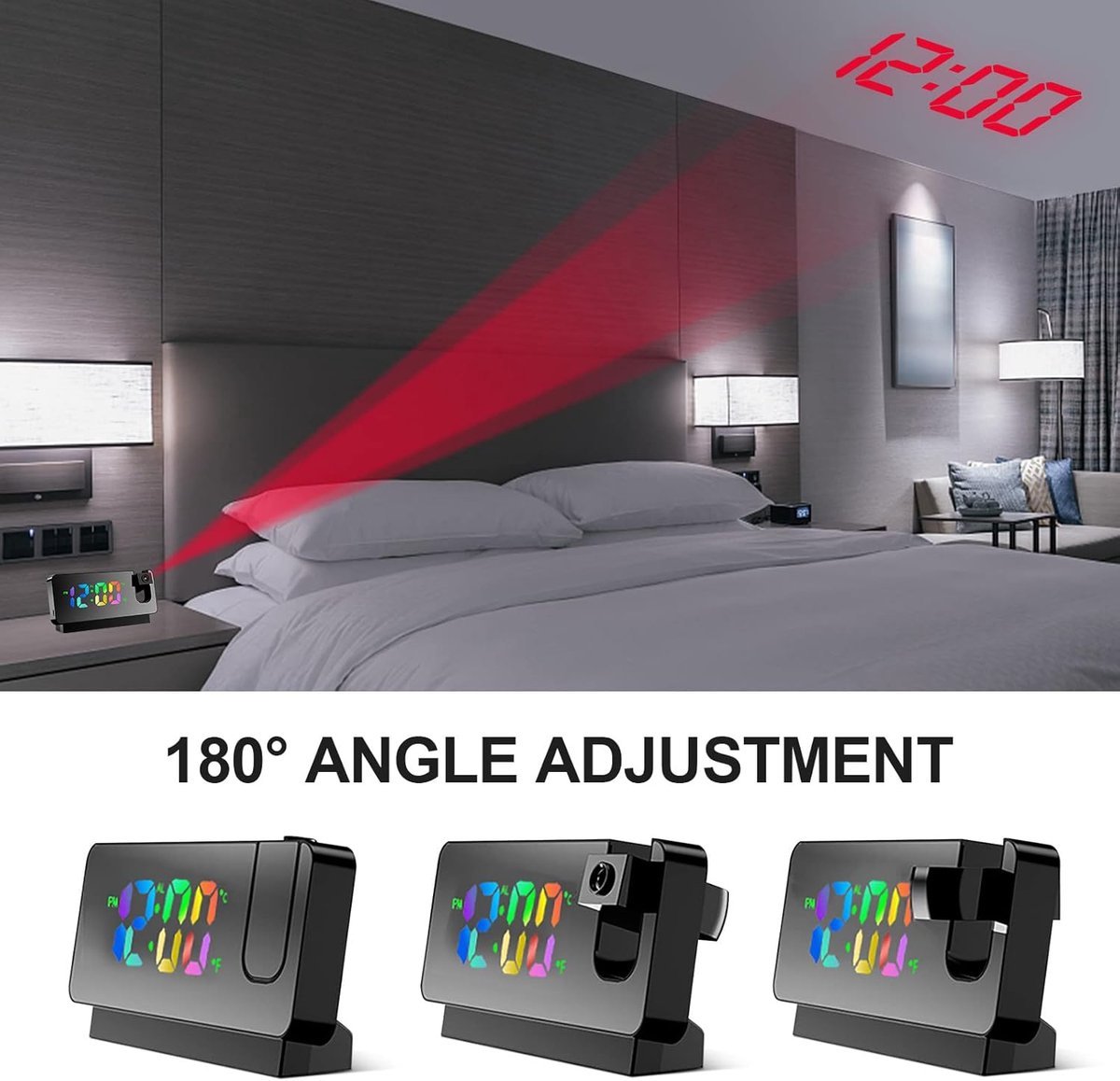 Wekker - Projection Alarm Clock - Digital Alarm Clock - Wekker Children's Alarm Clock - LED Mirror Alarm Clock - Wekker with Projection - Projection Alarm Clock with Temperature Display - Snooze - Night Mode - Adjustable Brightness - For Bedroom - Living - Image 5
