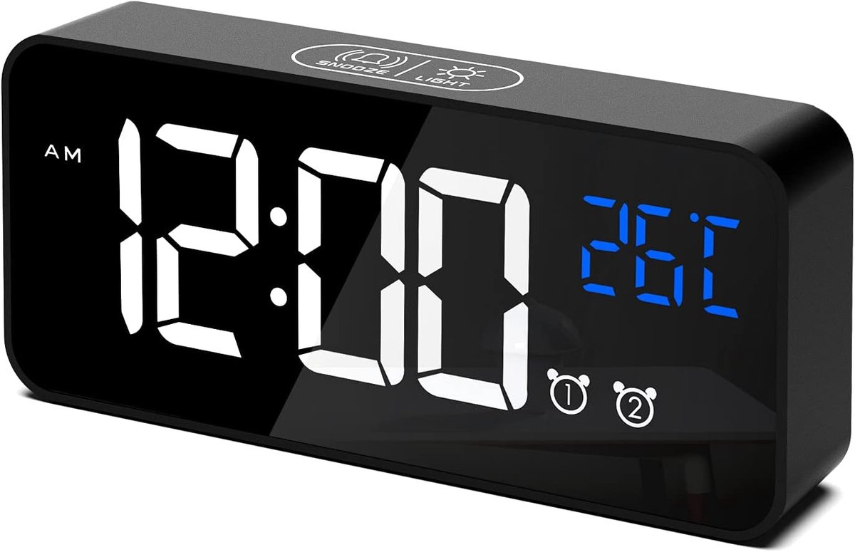Digital alarm clock, LED digital clock with temperature display, portable mirror alarm clock, 13 alarm tones, USB rechargeable, 4 brightness settings and adjustable volume, 12/24 hour display - Image 1