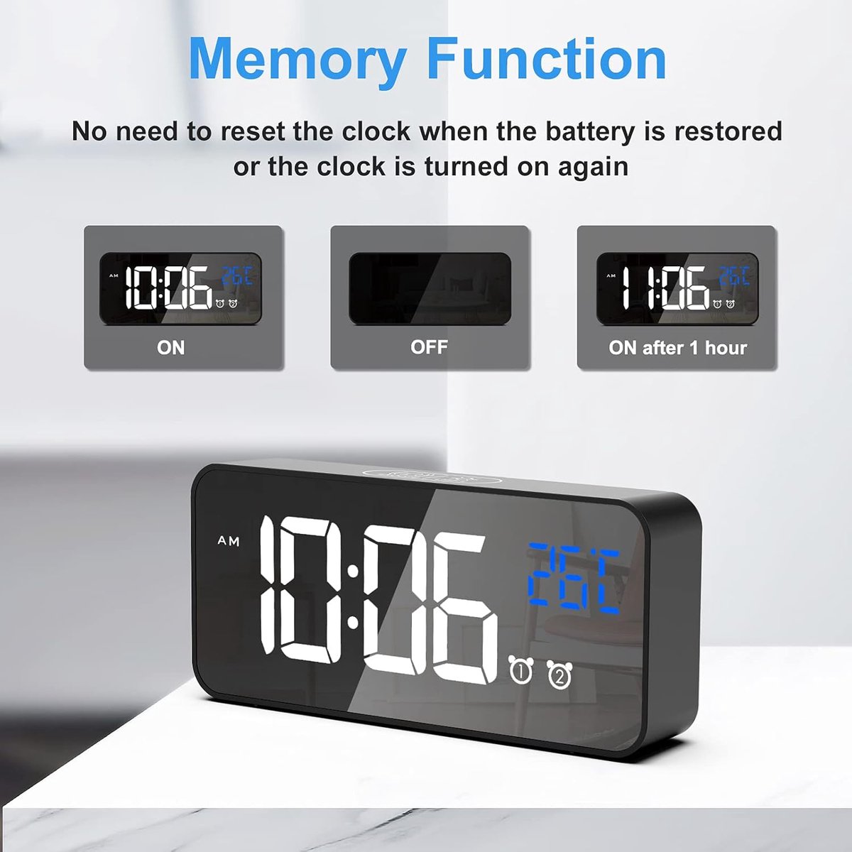 Digital alarm clock, LED digital clock with temperature display, portable mirror alarm clock, 13 alarm tones, USB rechargeable, 4 brightness settings and adjustable volume, 12/24 hour display - Image 2