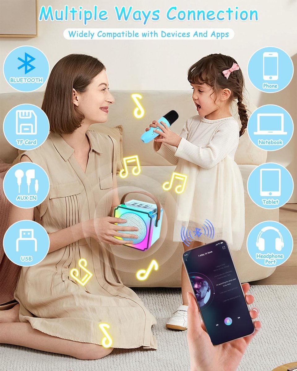 Children's karaoke machine with 2 microphones, portable karaoke machine with LED lights and voice changing effects, ideal gift for children (boys and girls) aged 5 to 12. - Image 2