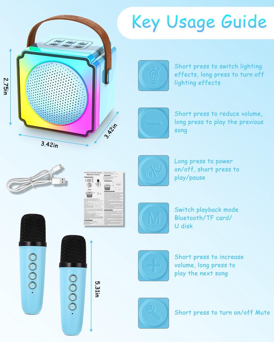 Children's karaoke machine with 2 microphones, portable karaoke machine with LED lights and voice changing effects, ideal gift for children (boys and girls) aged 5 to 12. - Image 3
