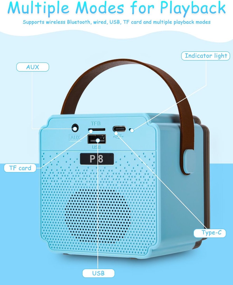 Children's karaoke machine with 2 microphones, portable karaoke machine with LED lights and voice changing effects, ideal gift for children (boys and girls) aged 5 to 12. - Image 7