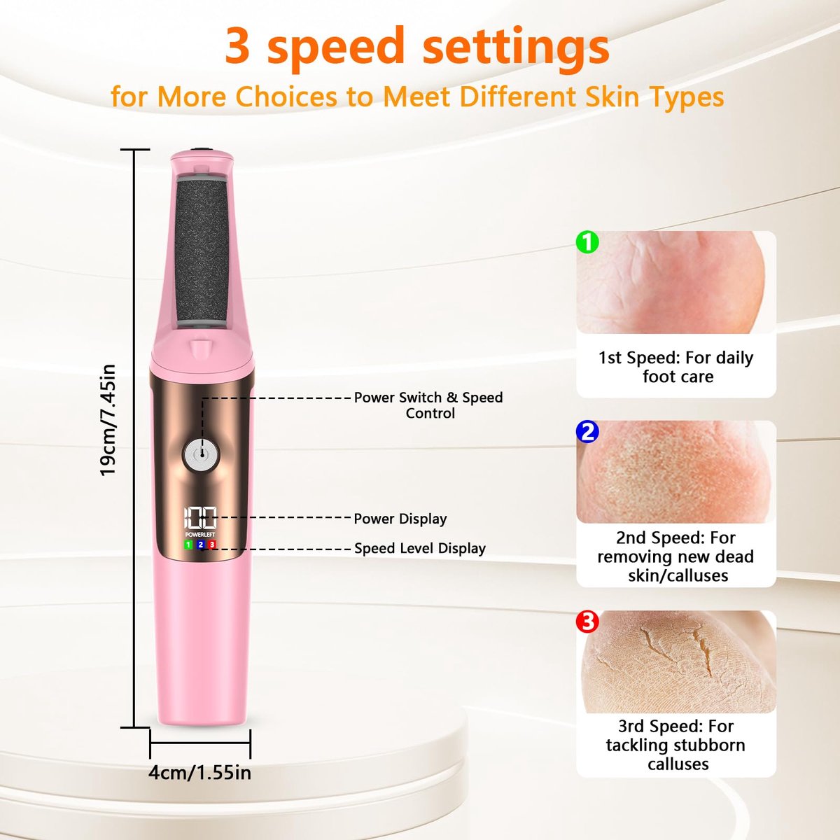 Electric Foot File - Professional Callus Remover - Pack of 10 - 3 Adjustable Speeds - For Dead Skin and Calluses - Pink - Image 6