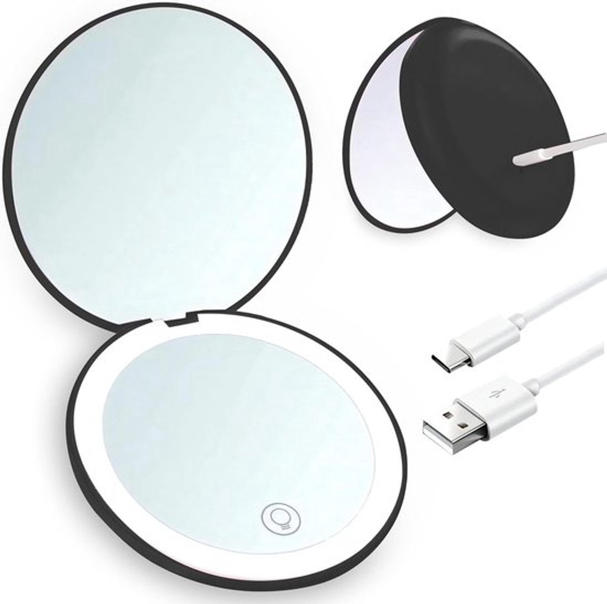 Double-sided makeup mirror with 10x magnifying LED lighting and adjustable brightness. Small, illuminated mirror with adjustable intensity, ideal for handbags. Black. - Image 1