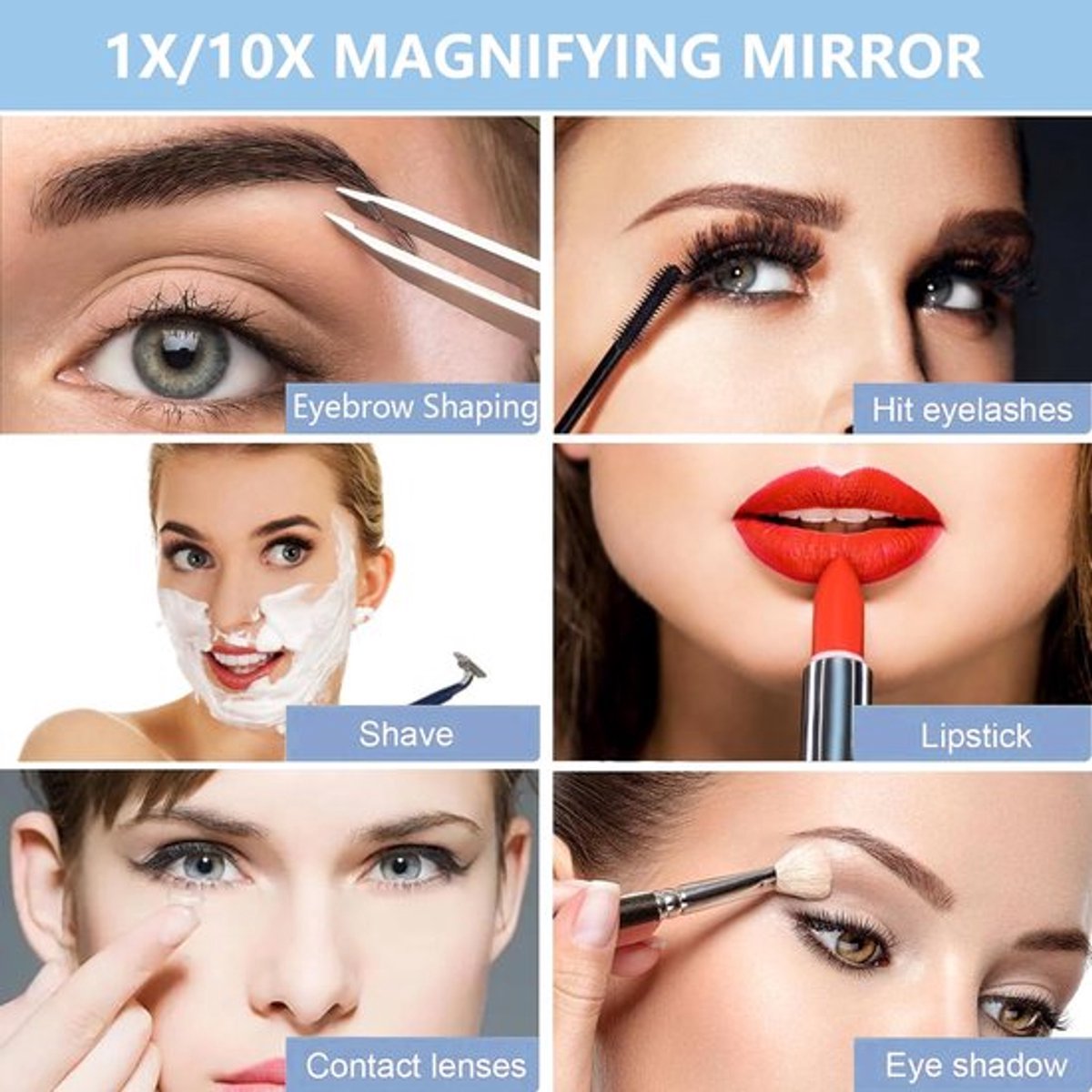 Double-sided makeup mirror with 10x magnifying LED lighting and adjustable brightness. Small, illuminated mirror with adjustable intensity, ideal for handbags. Black. - Image 2