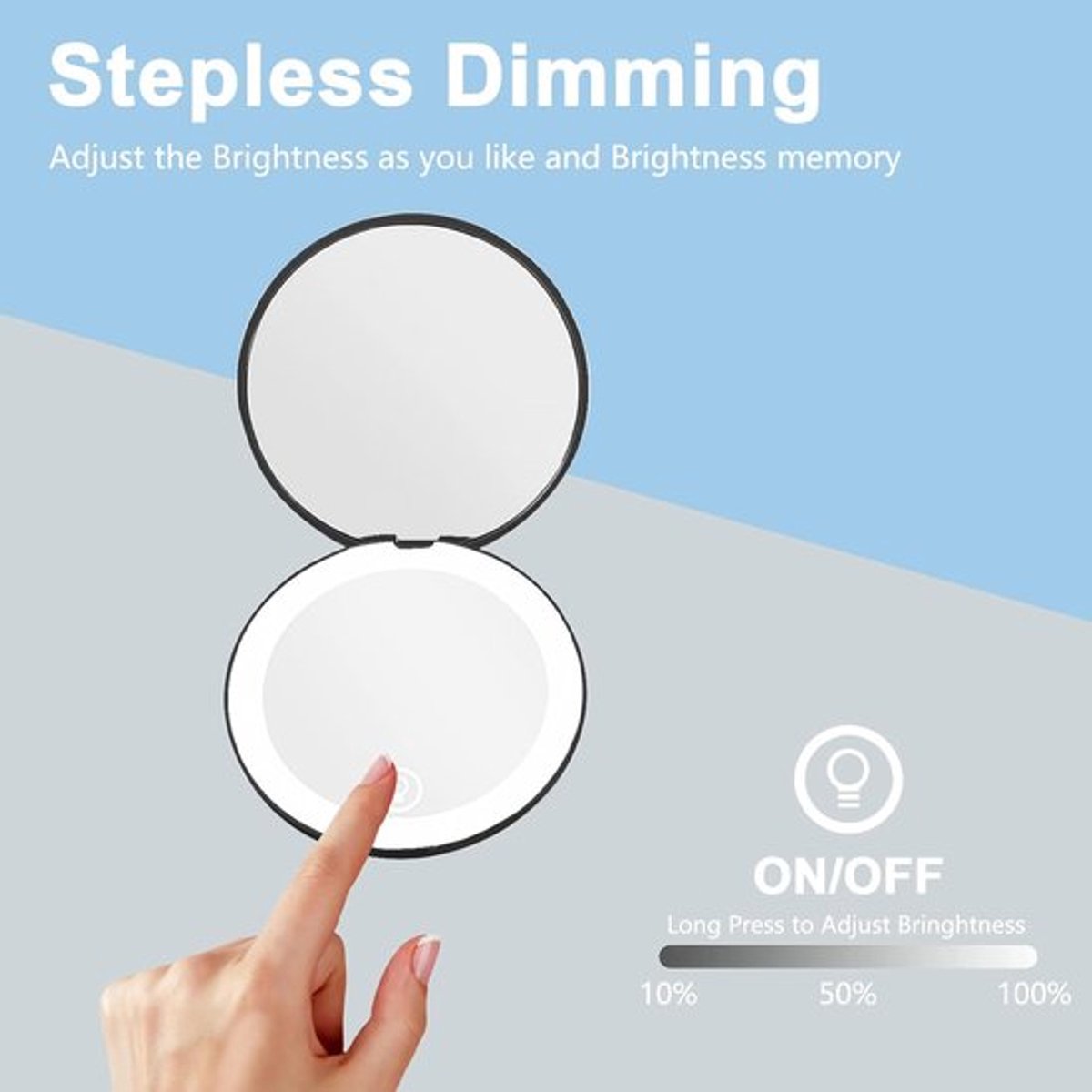 Double-sided makeup mirror with 10x magnifying LED lighting and adjustable brightness. Small, illuminated mirror with adjustable intensity, ideal for handbags. Black. - Image 3