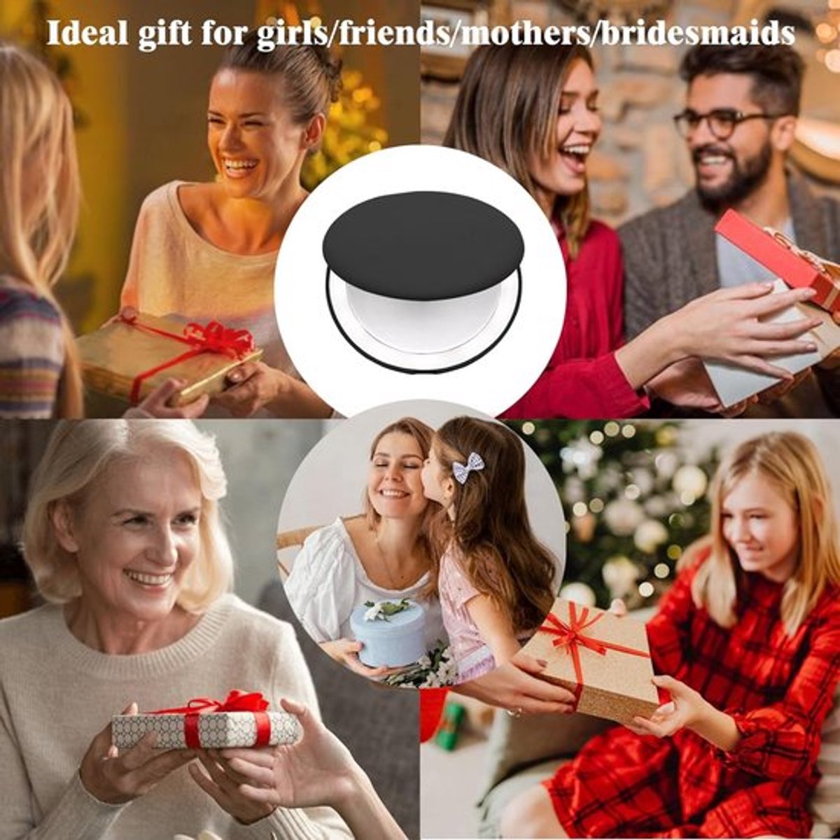 Double-sided makeup mirror with 10x magnifying LED lighting and adjustable brightness. Small, illuminated mirror with adjustable intensity, ideal for handbags. Black. - Image 4