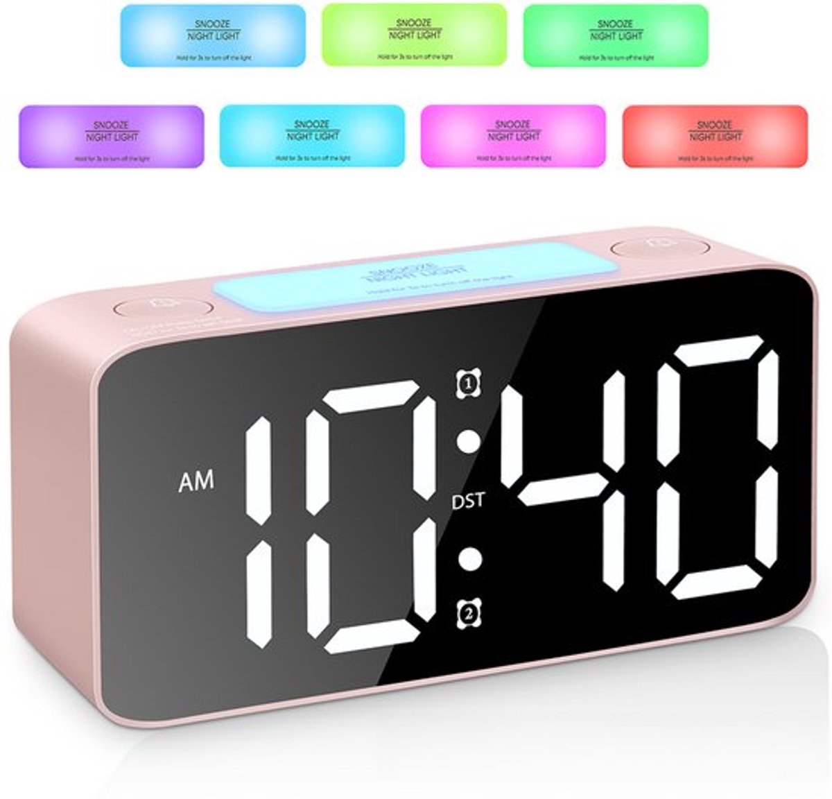 Digital Night Light - Klok Extra Powerful - 7 Colors - Ideal for Heavy Sleepers - Adjustable Volume and USB Charging - Place on the Bedside Table - Pink - Image 1