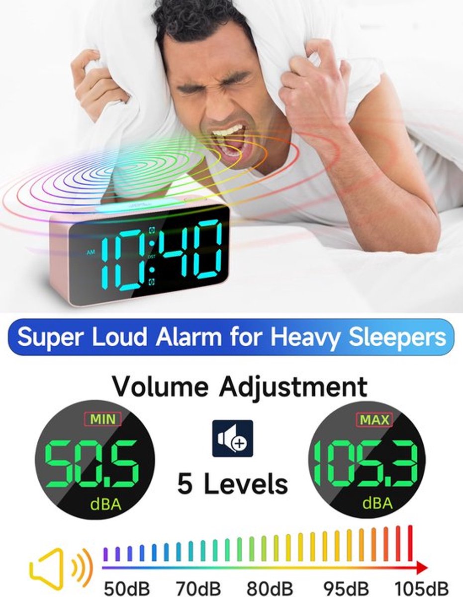 Digital Night Light - Klok Extra Powerful - 7 Colors - Ideal for Heavy Sleepers - Adjustable Volume and USB Charging - Place on the Bedside Table - Pink - Image 5
