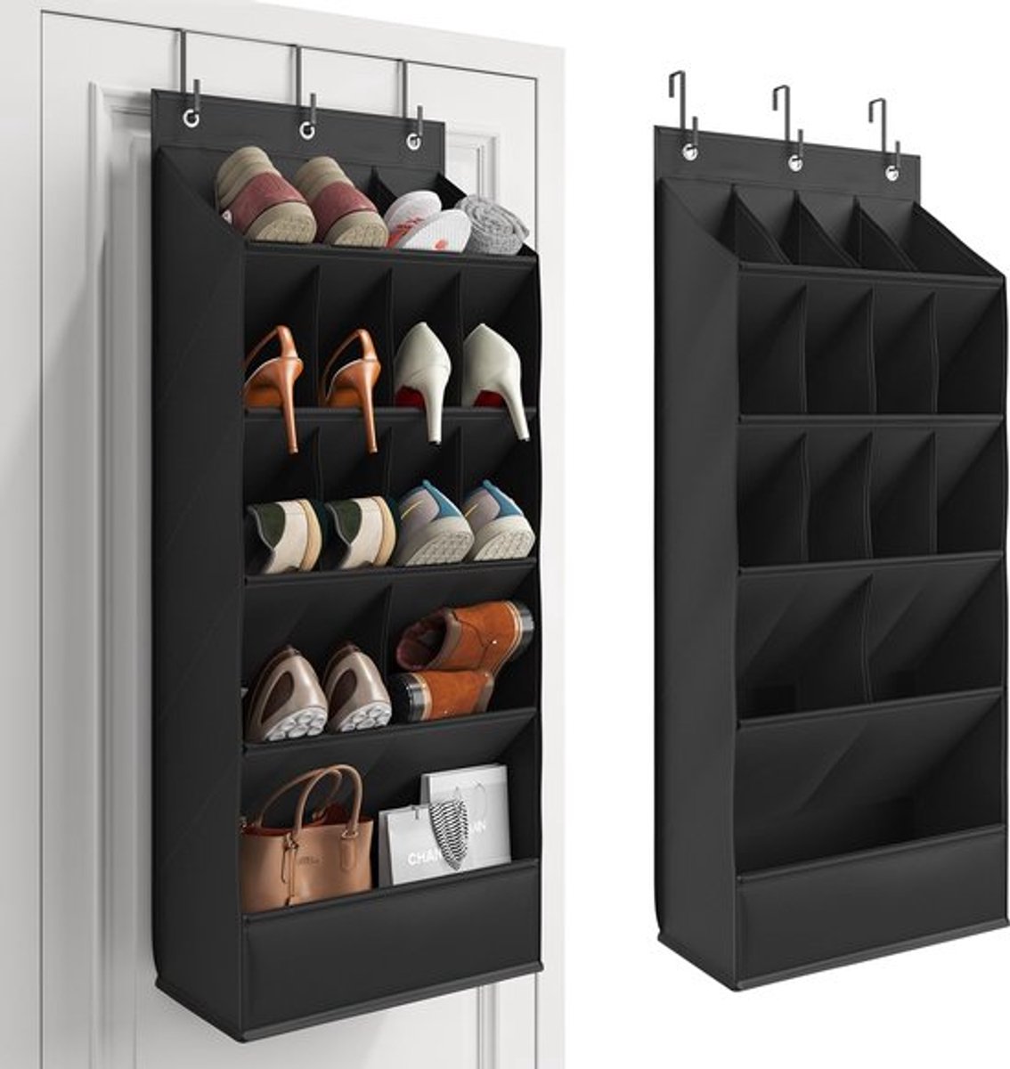Hanging Shoe Organizer - Shoe Storage - 15 Large Compartments - Met Haken - Over-the-Door Organizer - Space-Saving Shoe Organizer - For Shoes, Home Accessories - Black - Image 1