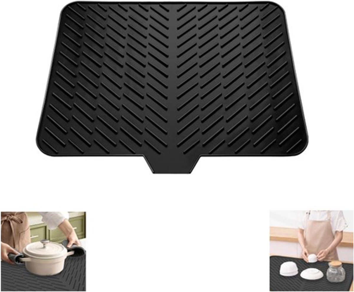 Silicone dish draining mat with integrated rim, heat-resistant, eco-friendly, waterproof, and non-slip. Ideal for dishes, bars, washing up, or any other use. Dimensions: 58 x 43 cm. Color: Black. - Image 1
