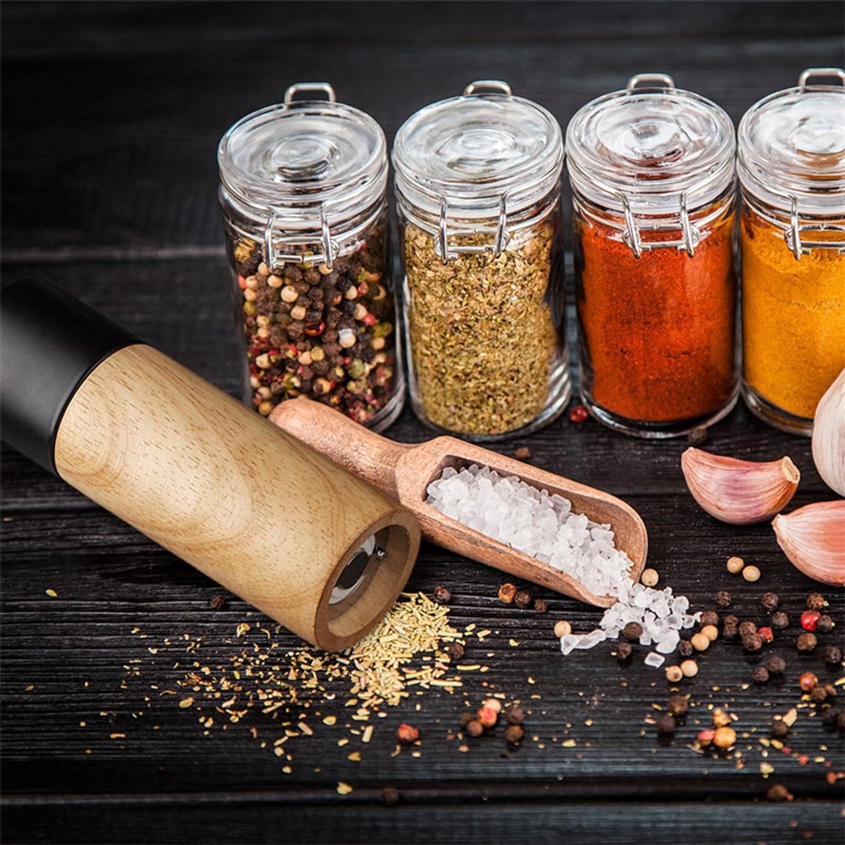 Salt and Pepper Mill — Wooden Pepper Mill — Premium Salt and Spice Mill — Wooden Salt Mill with Adjustable Ceramic Core — Manual, Refillable Salt and Pepper Mill for Spices/Sea Salt/Chili/Pepper (Black) - Image 2