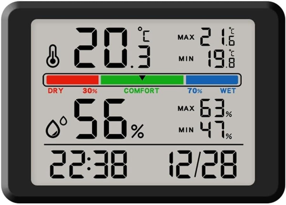 Wekker - Digital Hygrometer - Room Thermometer - Temperature and Humidity Meter - Baby's Room - Children's Room - Office - Kitchen - Wall Mounted in Garage - Desk Alarm Clock - Christmas Gift - Black - Image 1
