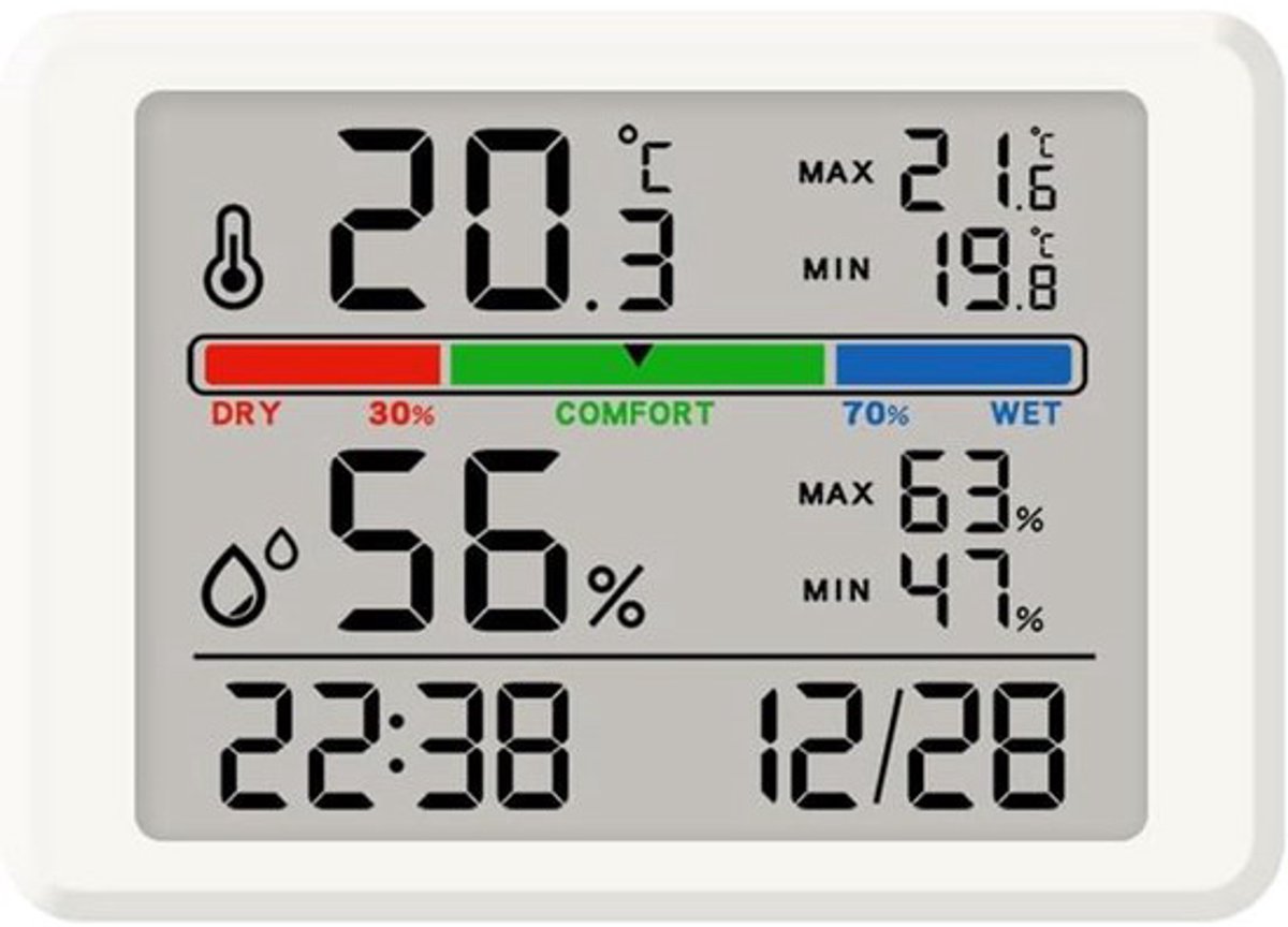 Wekker - Weather Station - Digital Hygrometer - Room Thermometer - Temperature and Humidity Meter - Baby's Room - Children's Room - Office - Kitchen - Wall Mounted in Garage - Desk Alarm Clock - Christmas Gift - White - Image 1