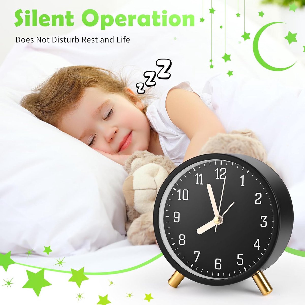 Classic analog Wekker alarm clock, no ticking, with snooze function, ultra-quiet, with night light, battery operated, elegant round metal alarm clock (black) - Image 2