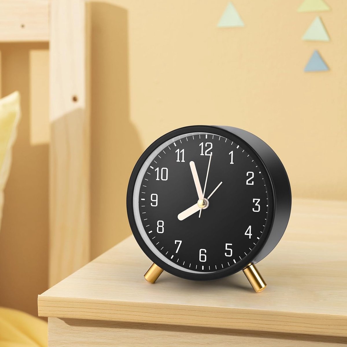 Classic analog Wekker alarm clock, no ticking, with snooze function, ultra-quiet, with night light, battery operated, elegant round metal alarm clock (black) - Image 4