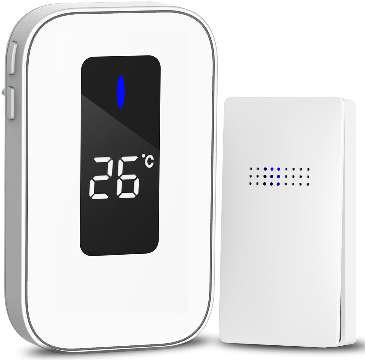 Wireless Doorbell - Doorbells - Wireless Doorbell - Battery-Free Wireless Doorbell - Self-winding Doorbell Button with Electronic Chime - Temperature Display - For Home and Office (White, 1+1) - Image 1
