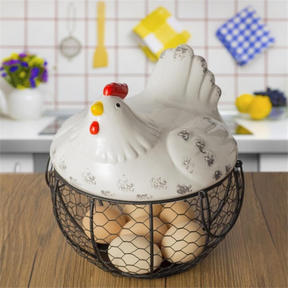 Egg basket, egg holder, egg storage, metal fruit bowl, chicken pattern, ceramic egg storage basket, iron basket for 15 eggs, egg holder, storage case, container - Image 3