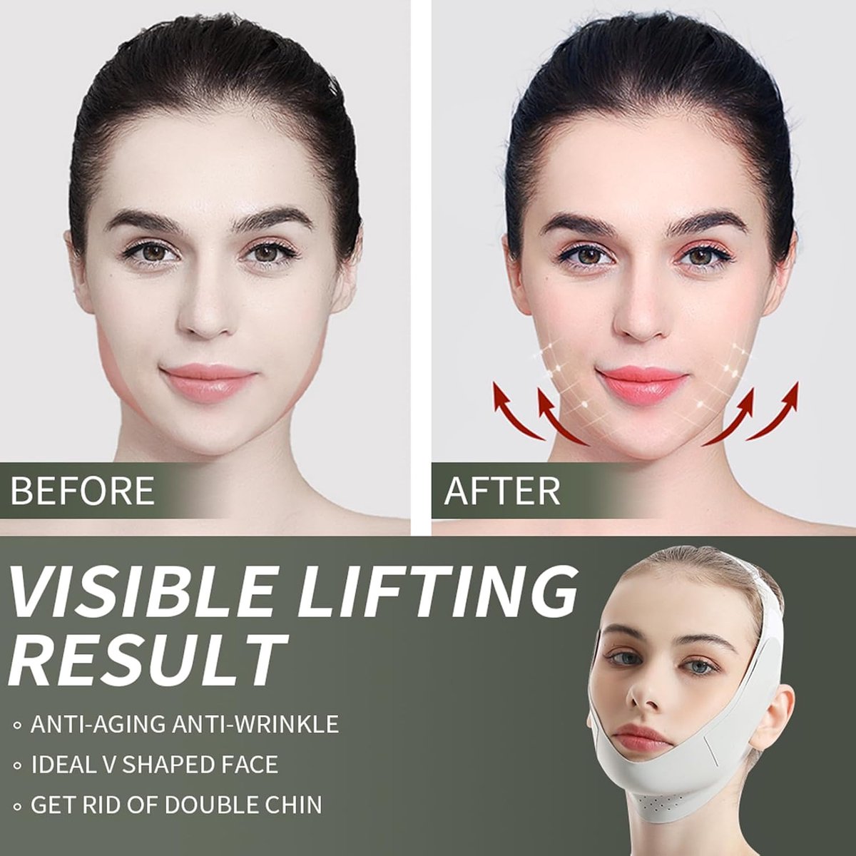 Reusable face sleep mask - V-shaped chin strap - Firming and tightening band for double kin - Sleep mask - Light green - Image 5