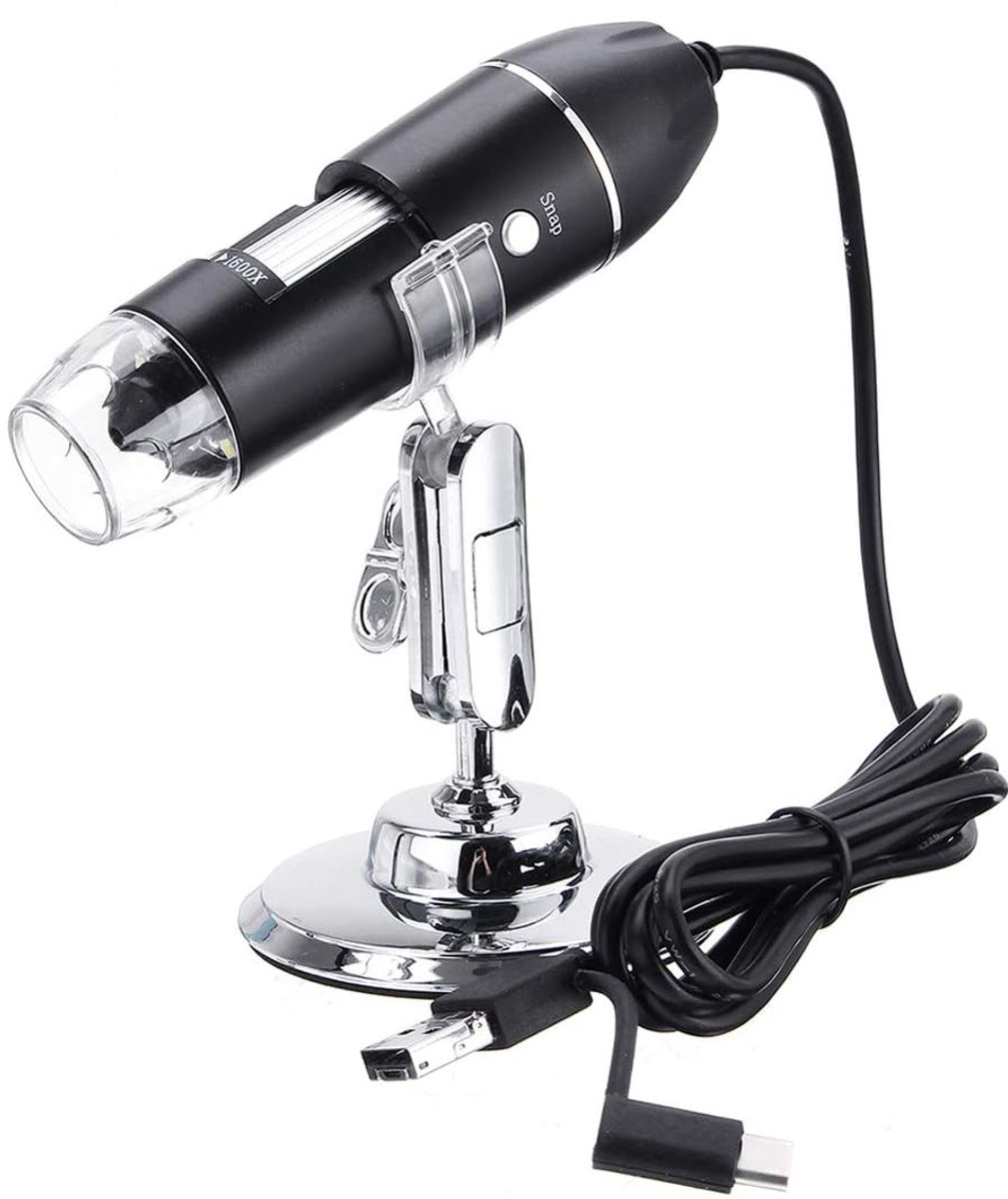 Microscope - Children's Microscope - USB Type-C Digital Microscope - 3 in 1, 50X-1600X Magnification - Adapter and Endoscope with Stand - Black - Image 1
