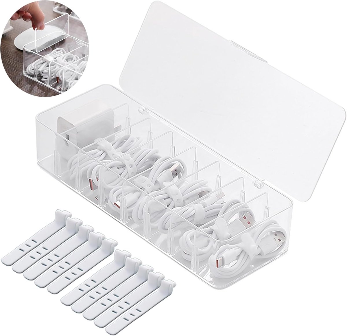 Cable storage box - Cable organizer with 10 cable ties - Cable storage box - Clear plastic storage box for office, workbench, living room, bedroom (large size with lid) - Image 1