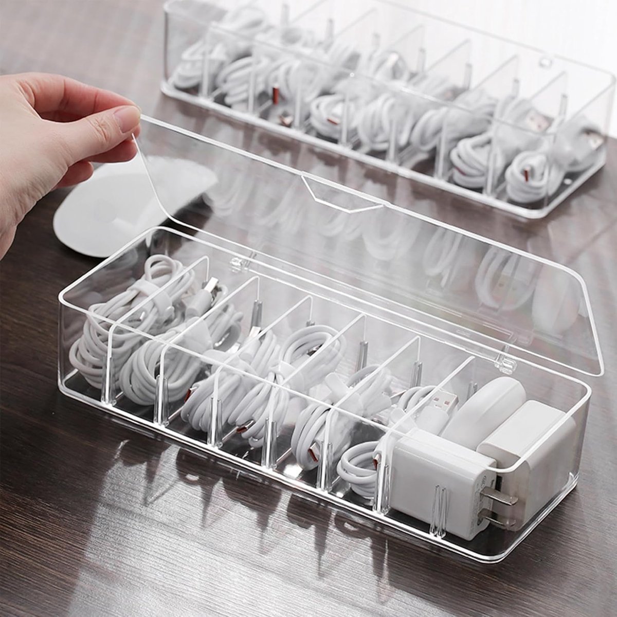 Cable storage box - Cable organizer with 10 cable ties - Cable storage box - Clear plastic storage box for office, workbench, living room, bedroom (large size with lid) - Image 4