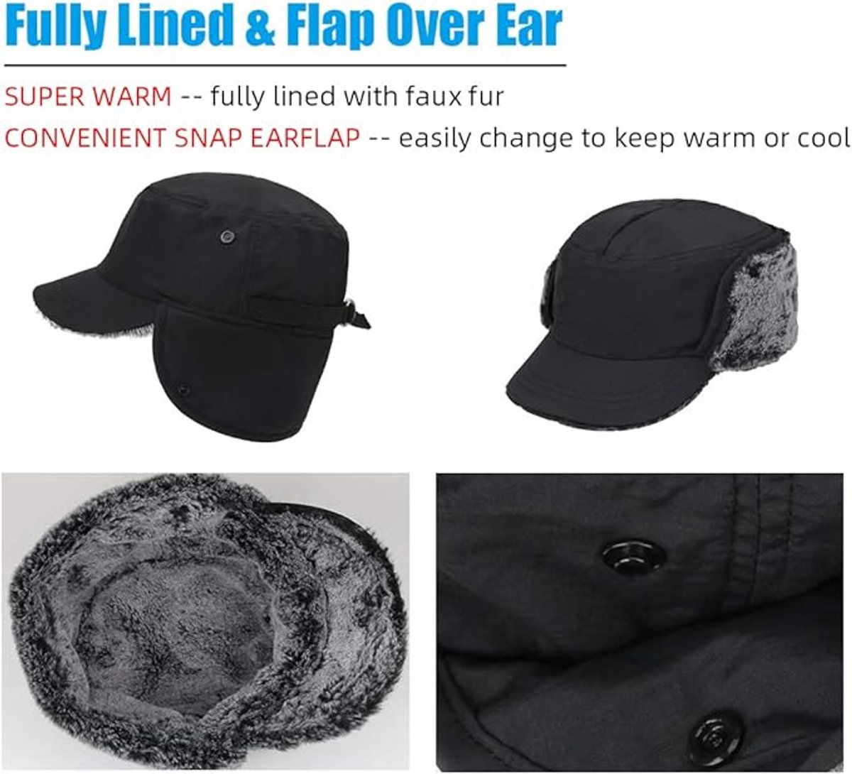 Beanie - Men's Beanie - Men's Winter Beanie - Warm Hats - With Ear Flaps - Ideal for Cold Weather - Faux Fur Lining - Unisex - Warmth - Winter - Sport - Outdoors - Gift Idea - Black - Image 3