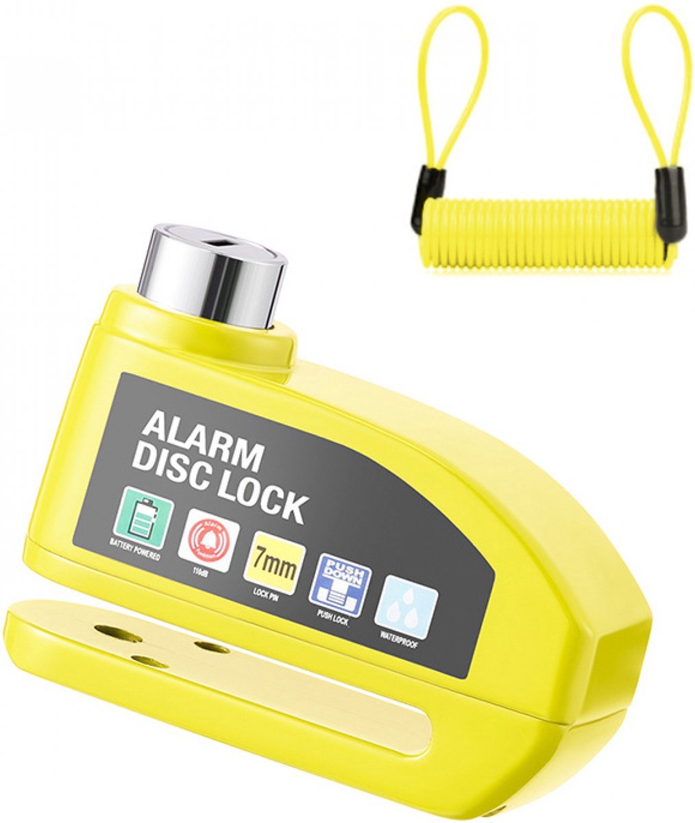 Bicycle disc brake lock - Disc brake alarm - With reminder cable - 7 mm - Motorcycle lock - Scooter lock - Disc brake lock - Yellow - Image 1