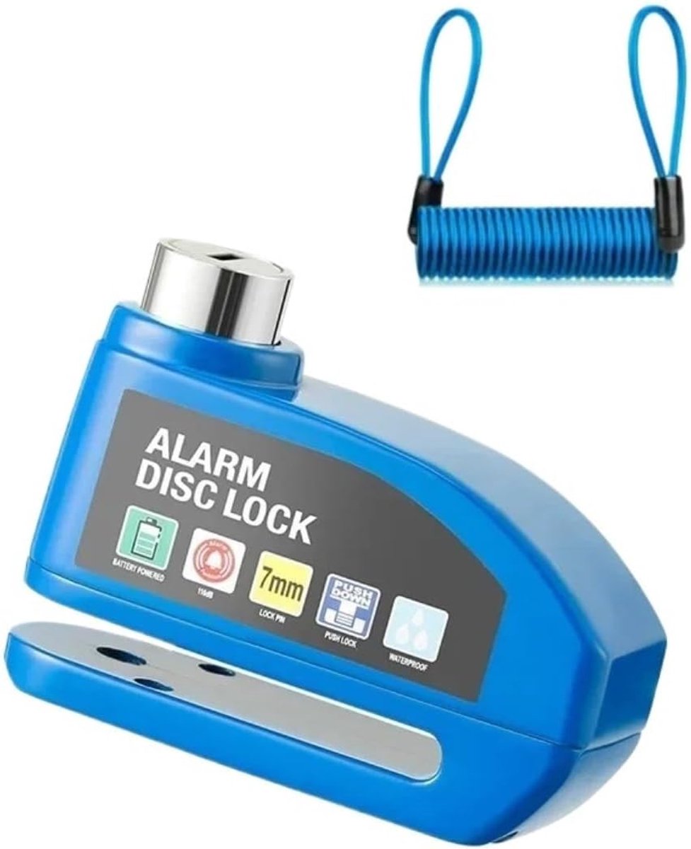 Bicycle disc brake lock - Disc brake alarm - With reminder cable - 7 mm - Motorcycle lock - Scooter lock - Disc brake lock - Blue - Image 1