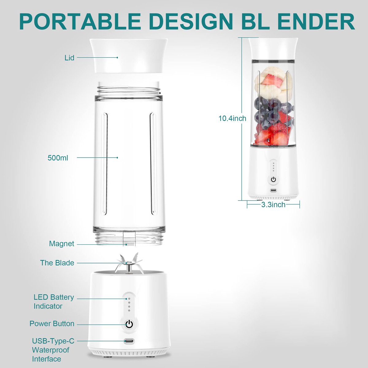 Blender - Mini Blender - Smoothie Maker - USB Rechargeable Mini Blender - Portable Blender for Milkshakes, Smoothies and Juices - Grijs - Image 1