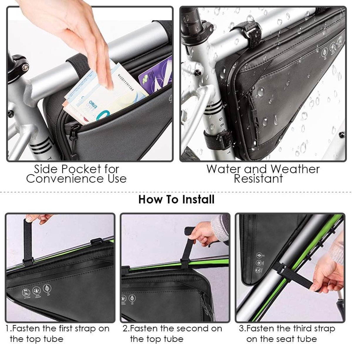 Bicycle pannier - Bicycle frame bag - Bicycle frame bag - Triangular bicycle frame bag - Storage bag - Reflective bicycle bag - Mountain bike, road bike accessories, large capacity - Black - Image 8