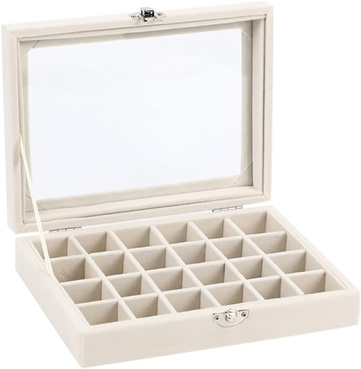 Sieradendoos - Sieradenhouder - Sieradendoos voor volwassenen - Sieradendoos voor meisjes - Sieradendoos van fluweel met deksel glazen - 24 compartmenten - Beige - Image 1