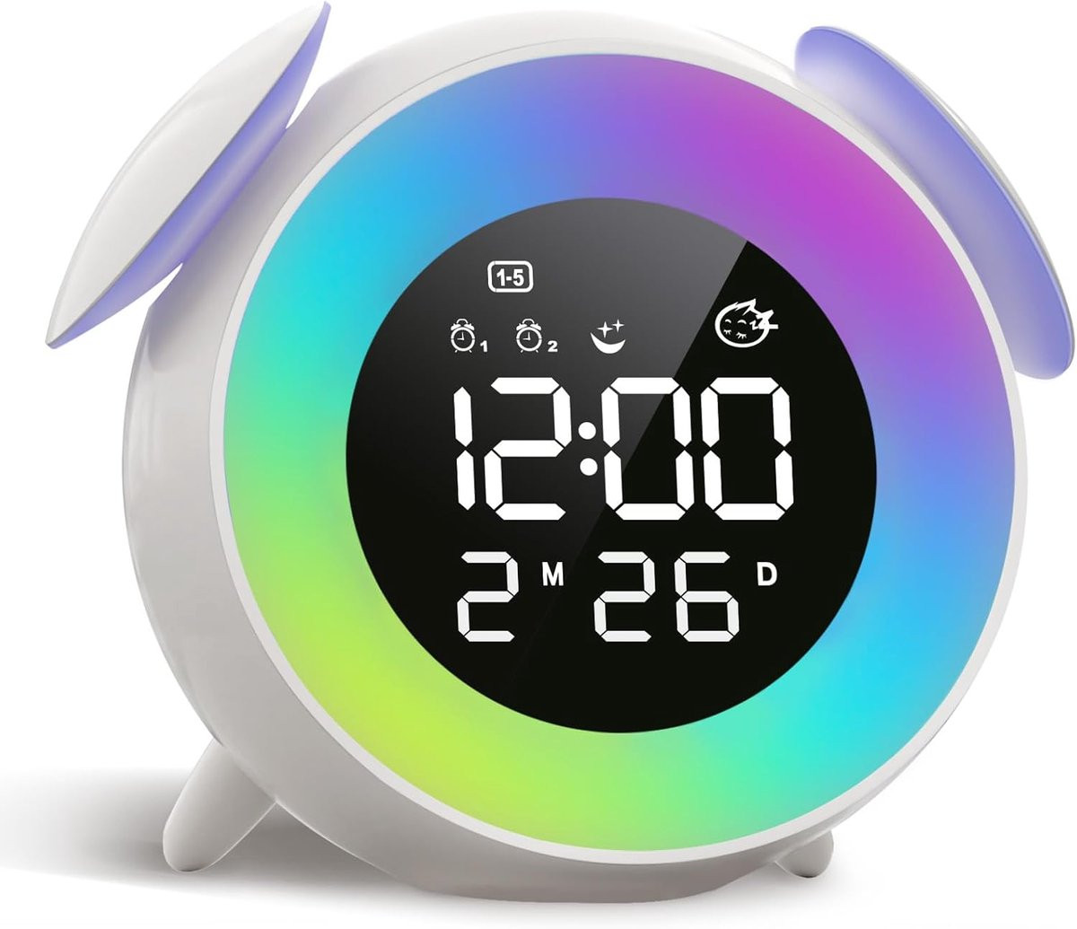 Children's alarm clock, educational day/night alarm clock with 15-color night light, snooze function, 2 alarms, weekday/weekend mode, digital alarm clock for girls and boys - Image 1