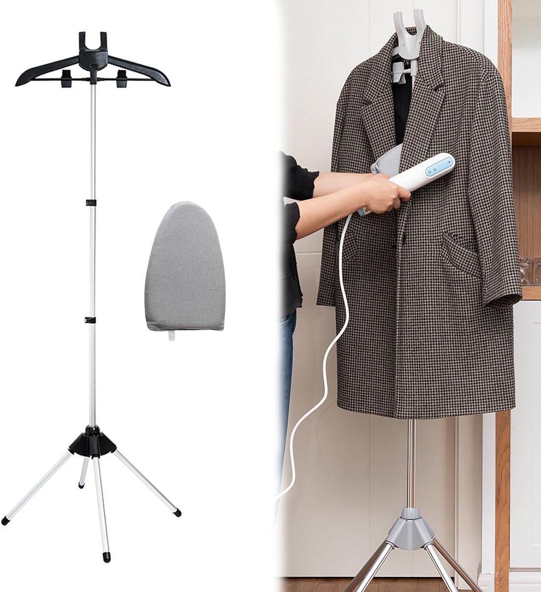 Hanger - Folding ironing hanger - Garment steamer hanger - Folding hanger - Hanger for portable garment steamer with ironing gloves - Telescopic support - Folding garment steamer hanger (black) - Image 1