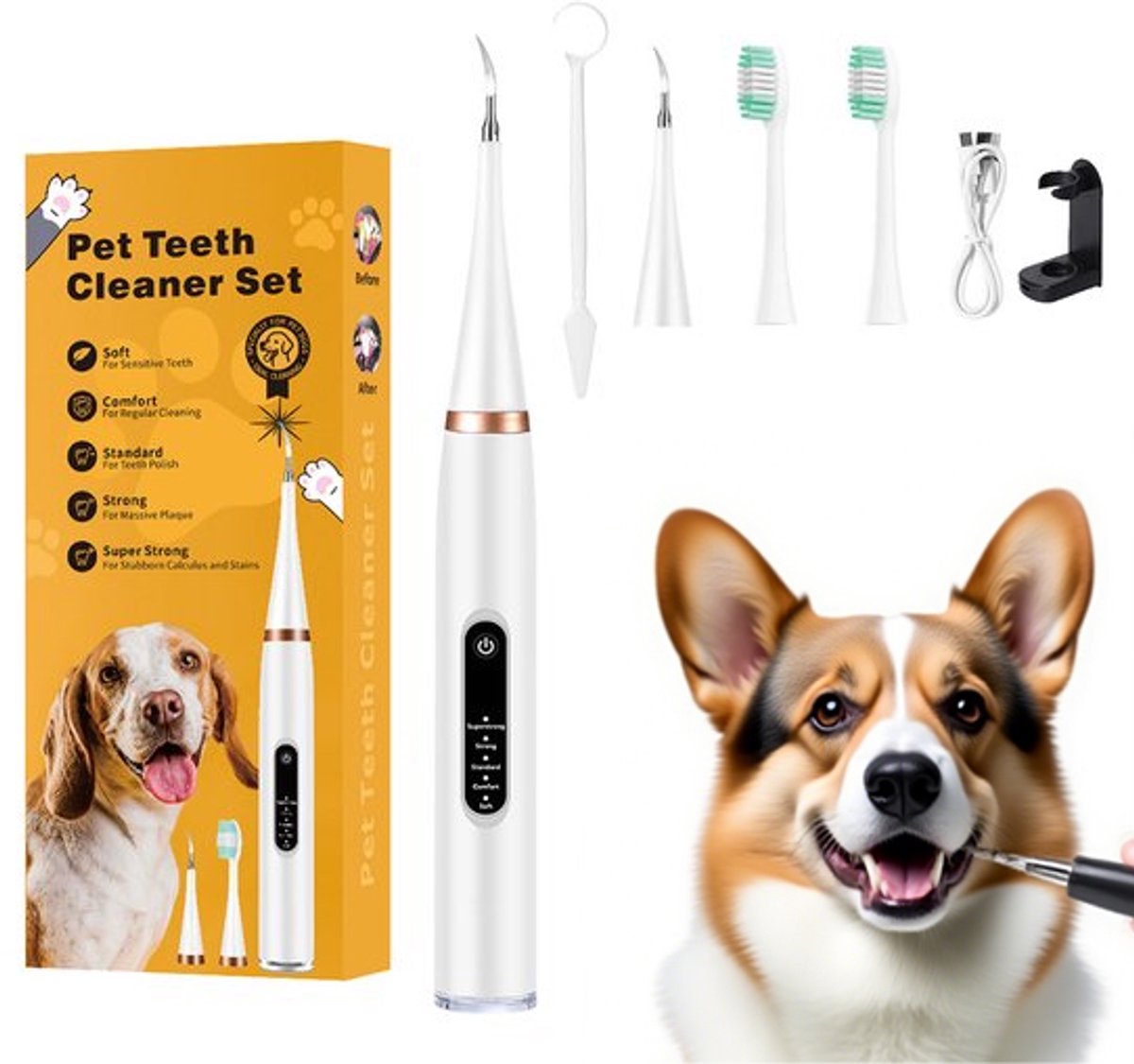 Electric Dog Toothbrush - Dental Cleaning Tools - Dog Toothbrush Set with LED Light - Rechargeable Dental Device, Anti-Plaque for Dogs and Cats - Wit - Image 1