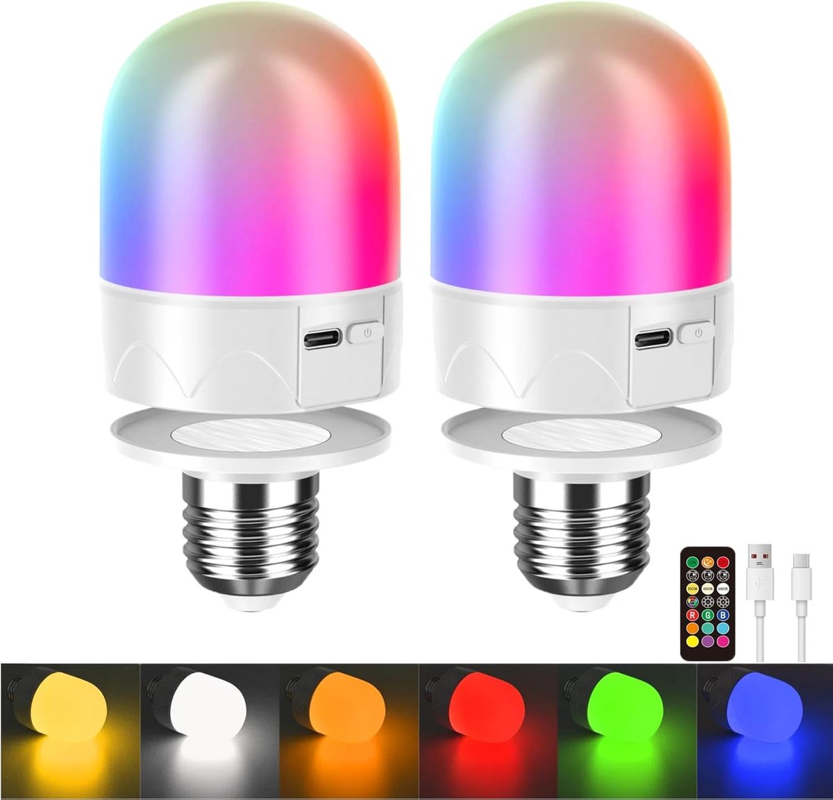 Set of 2 USB rechargeable bulbs with remote control - Battery-operated lamp bulbs - Rechargeable RGB color-changing bulbs - 12 color temperatures - Adjustable brightness - Wireless night light - 800 lm - Image 1