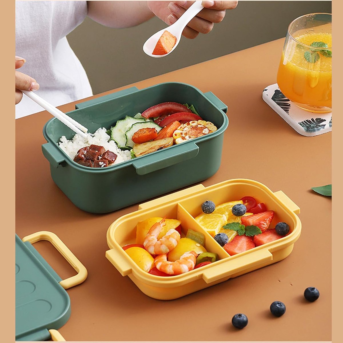 Adult lunch box with compartments, 1000 ml, leakproof, for men and women, double layer, ideal for the office, picnics (green) - Image 4