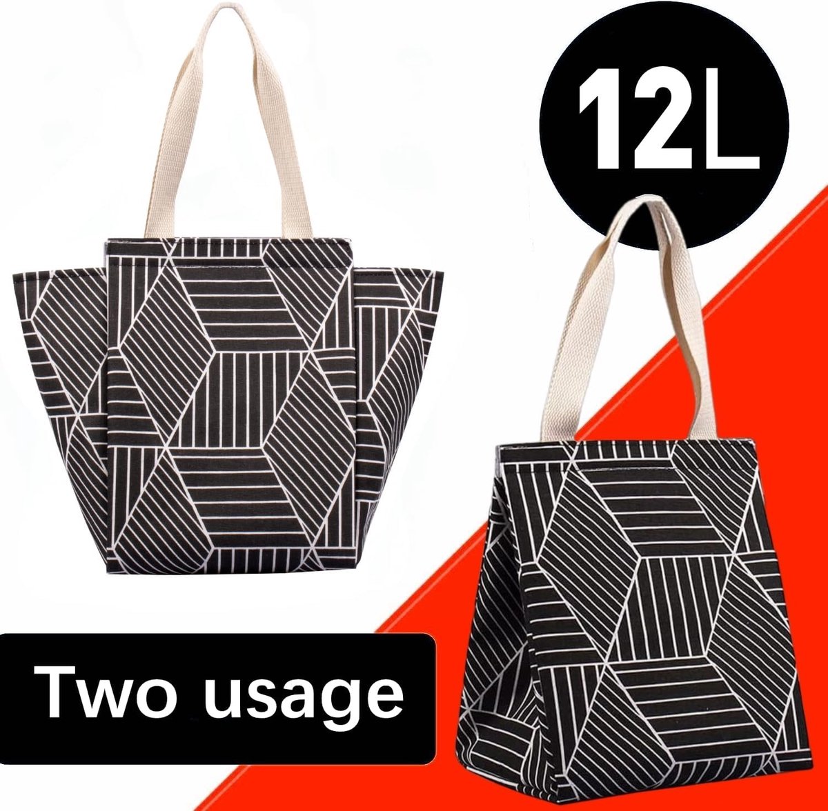 Lunch bag - Insulated bags - Insulated lunch bag for women - Sturdy, foldable and portable lunch bag with wide opening - With interior pockets - Insulated and leakproof cooler - For picnics and beaches for adults (Black Diamond) - Image 2