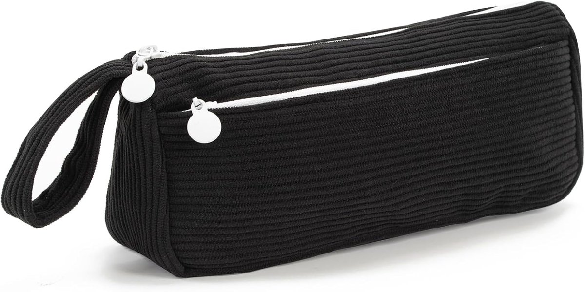 Corduroy Pencil Case - Cute pencil case with a convenient zipper - Makeup bag - Suitable for school-aged teenagers, boys and girls - black - Image 1