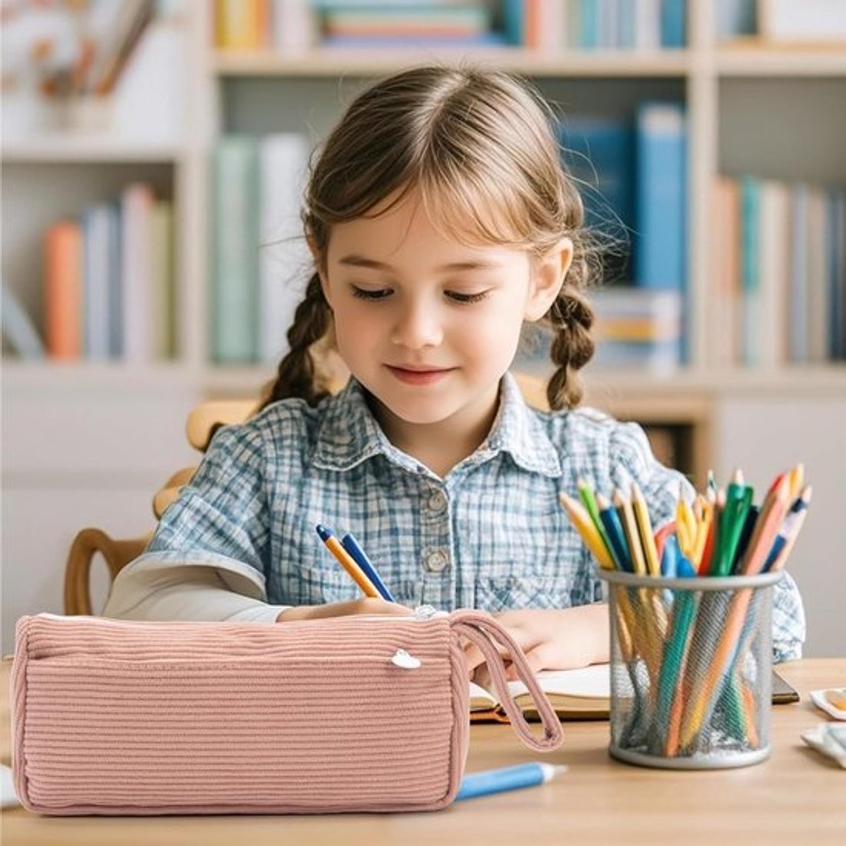 Corduroy Pencil Case - Cute pencil case with a practical zipper - Makeup bag - Suitable for school-aged teenagers, boys and girls - brown - Image 2