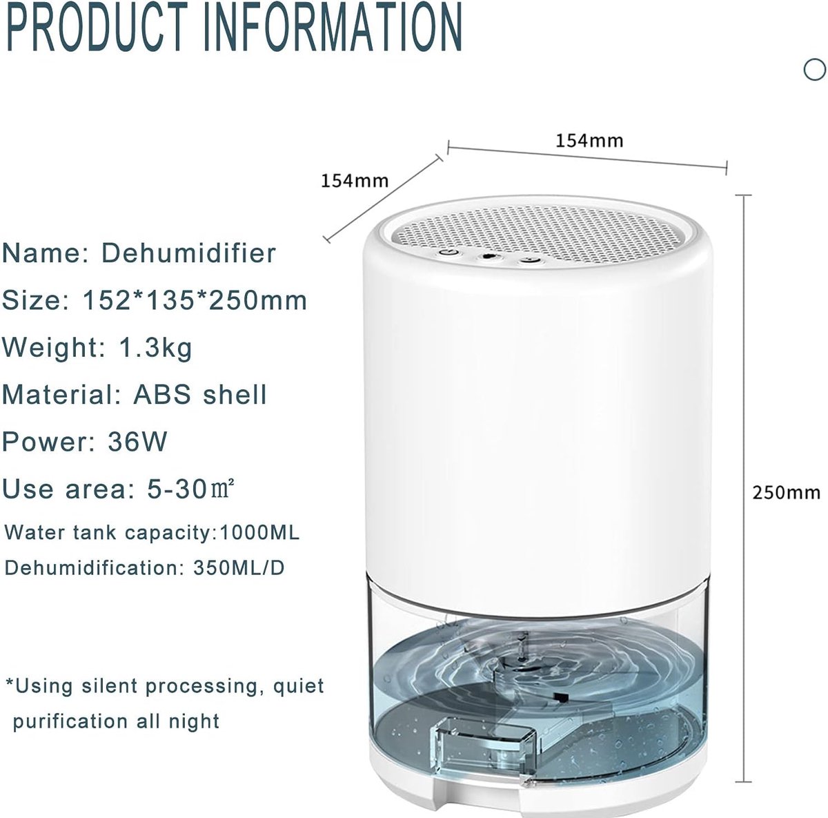 Dehumidifier - Air Dehumidifier - Small Dehumidifier - Smart Sleep Mode - Portable - Ultra Quiet - 3 L/h Dehumidifier - With 1 L Water Tank - Black - Image 7