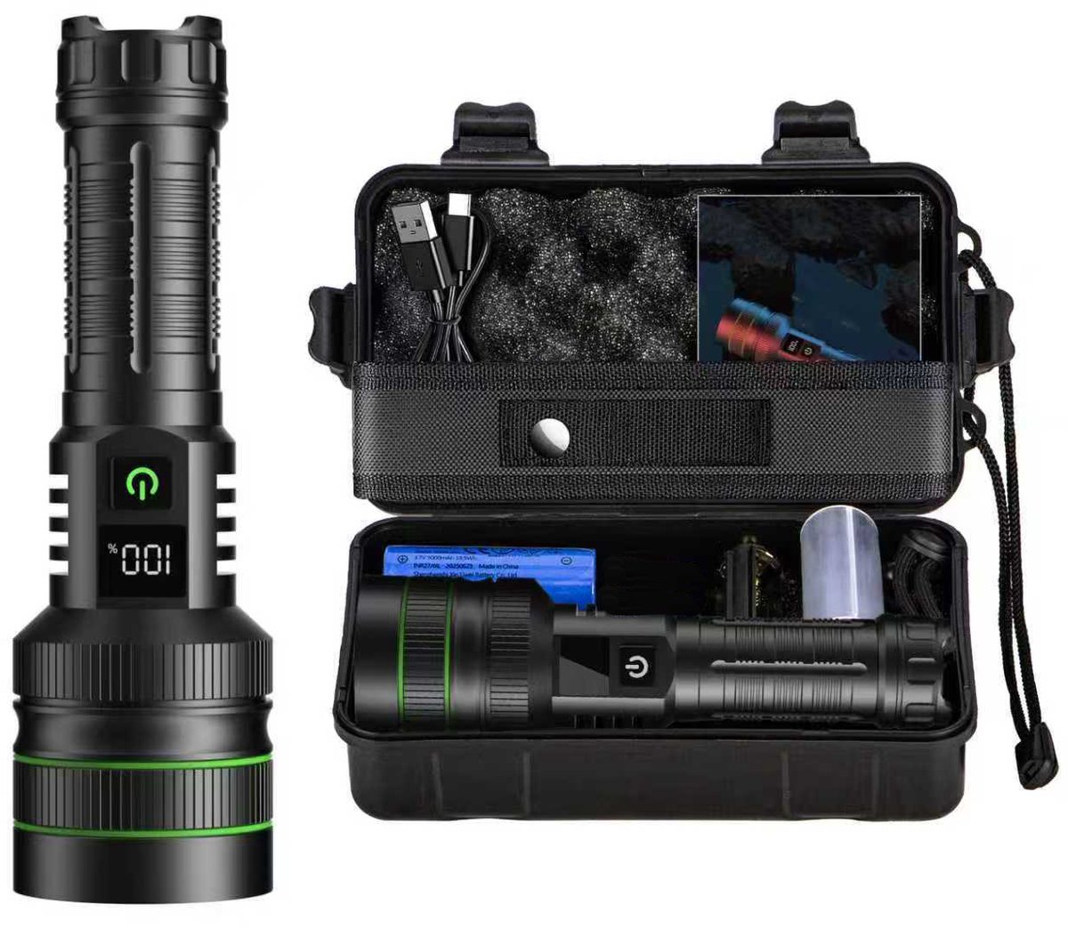 Rechargeable LED Flashlight - Military Flashlight - 5000 lumens - 26650 rechargeable battery - 6 modes - Power bank function - IP67 waterproof - Battery-powered flashlight - Image 1