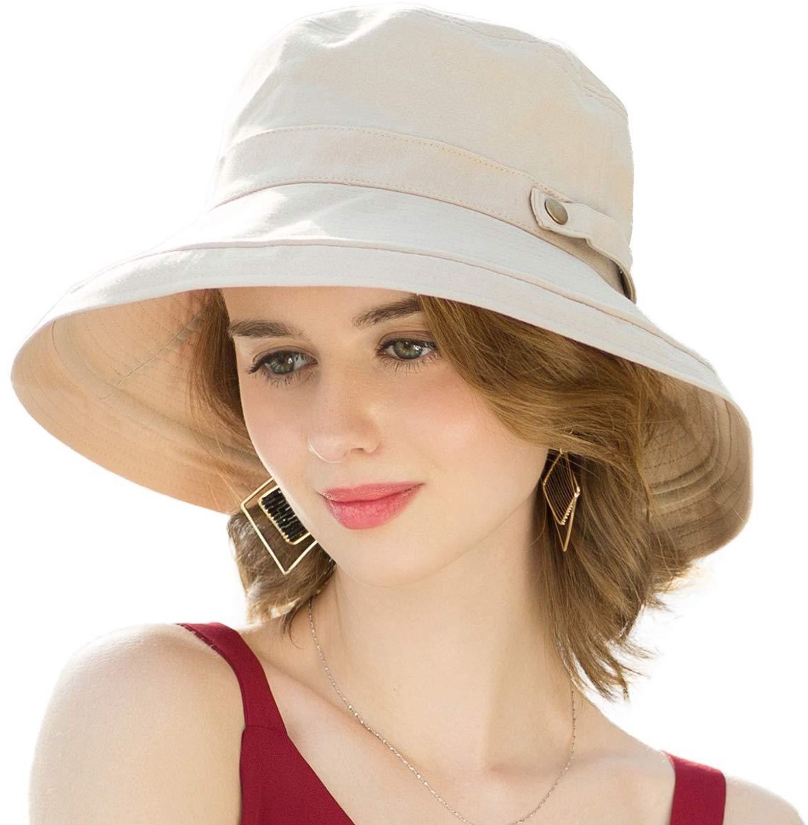 Women's Sun Hat - Katoen Wide Brim - UPF 50+ UV Protection - Foldable Beach Hat - Summer Bucket Hat - Travel Button Closure - Beige - One Size - Image 1