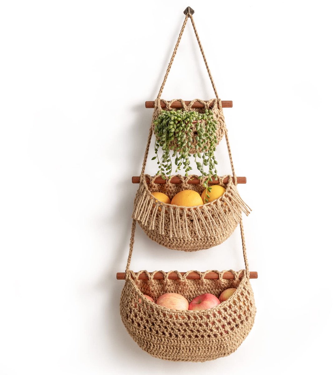 Hanging Fruit Basket - Hanging Storage - 3-Tier Over-the-Door Organizer - Woven Jute Wall Basket - Storage Bags - Over-the-Door Wall Organizer - For Entryway, Wardrobe, Closet, Bathroom, Door - Image 1