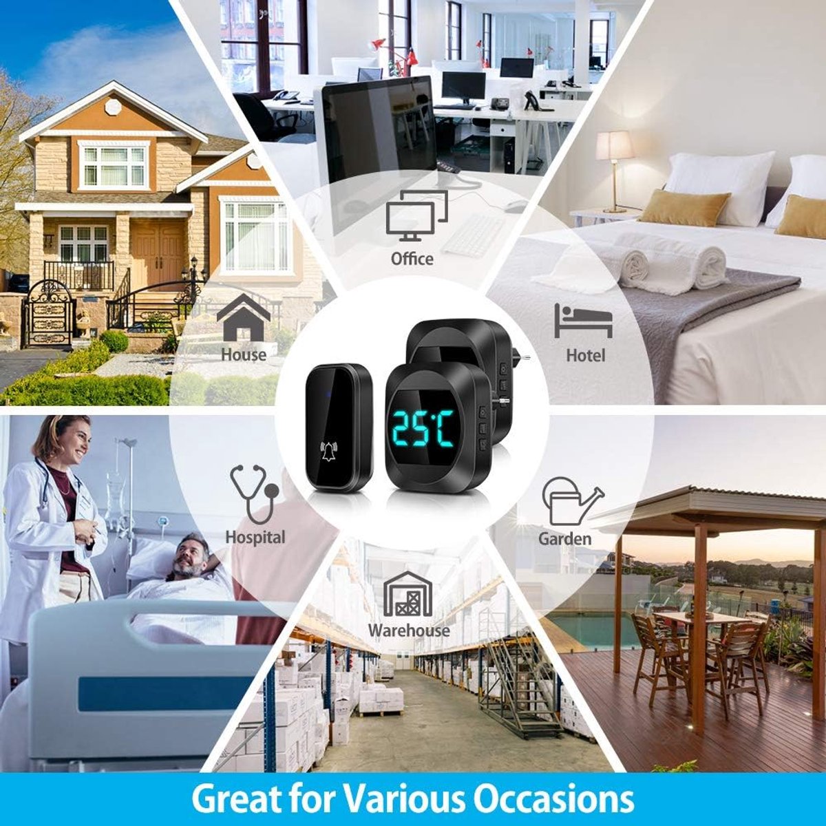 Wireless doorbell with LED, temperature display, waterproof electronic doorbell kit, with 2 plug-in receivers, 150m range, 4 volume levels, 38 melodies - Image 3
