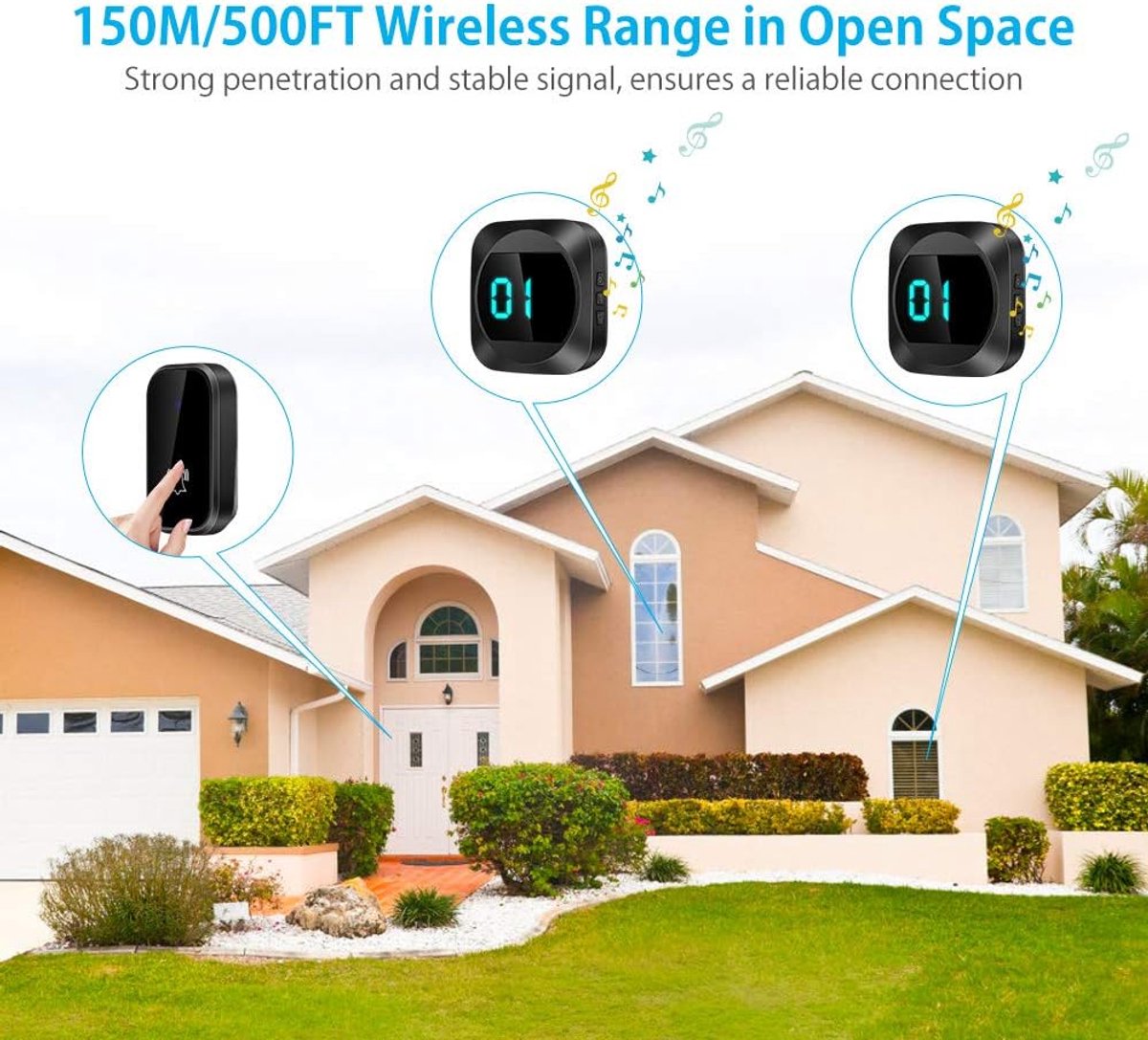 Wireless doorbell with LED, temperature display, waterproof electronic doorbell kit, with 2 plug-in receivers, 150m range, 4 volume levels, 38 melodies - Image 5