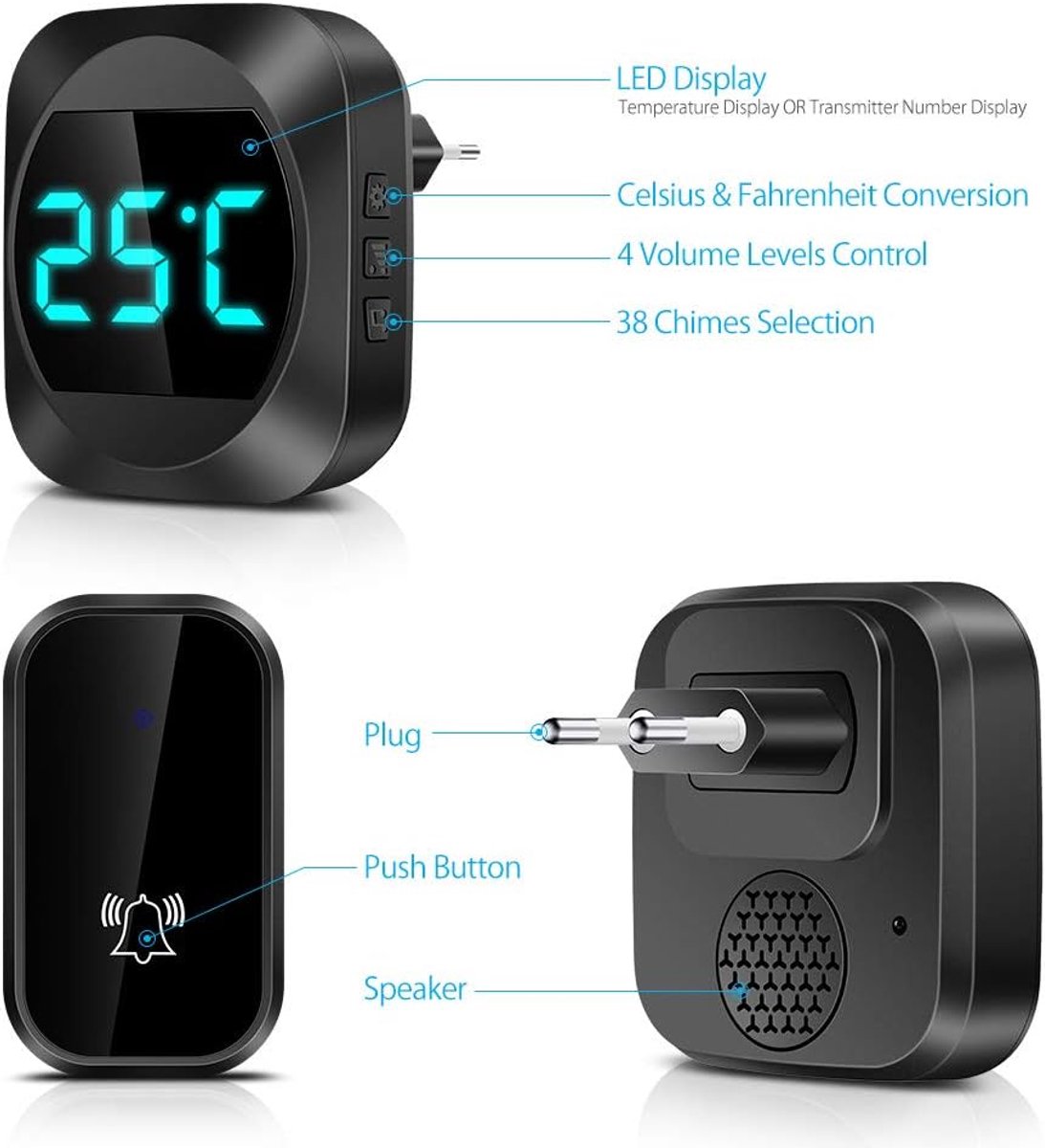 Wireless doorbell with LED, temperature display, waterproof electronic doorbell kit, with 2 plug-in receivers, 150m range, 4 volume levels, 38 melodies - Image 6